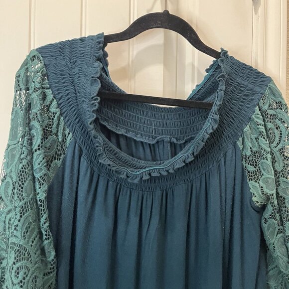 Womens Hunter Green Off Shoulder Lace Sleeves Boho Cottage Core Top 2X Romantic - Picture 2 of 10